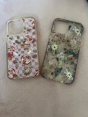 Clear Floral and Character Pattern iPhone 13 Pro Max Case - Pink & Green